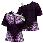 New Zealand Ta Moko Cross Shoulder Shirt Aotearoa Maori Chest Tattoo Purple