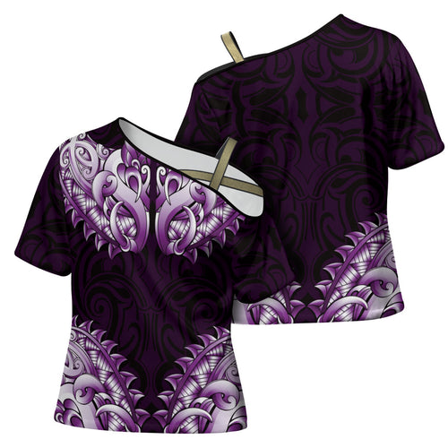 New Zealand Ta Moko Cross Shoulder Shirt Aotearoa Maori Chest Tattoo Purple