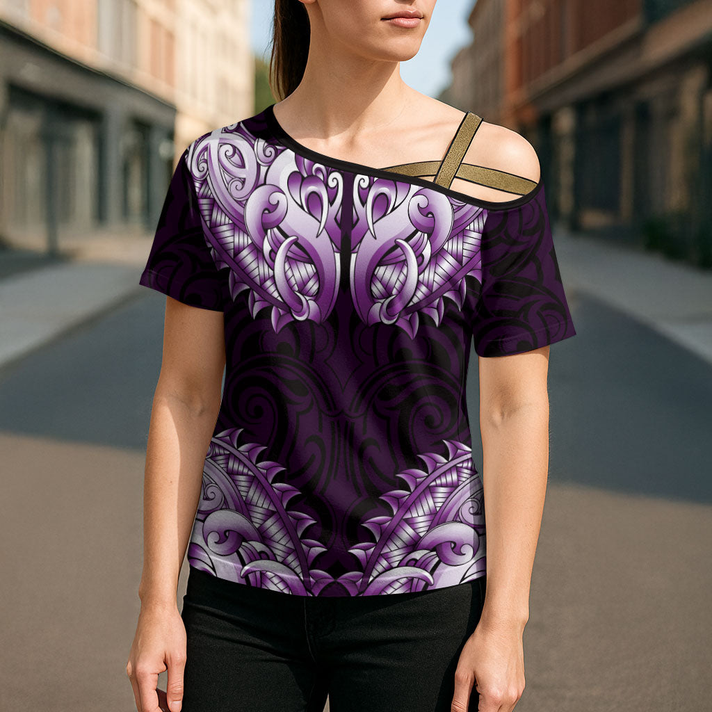 New Zealand Ta Moko Cross Shoulder Shirt Aotearoa Maori Chest Tattoo Purple