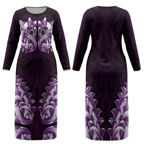New Zealand Ta Moko Family Matching Long Sleeve Bodycon Dress and Hawaiian Shirt Aotearoa Maori Chest Tattoo Purple