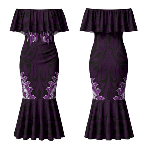 New Zealand Ta Moko Family Matching Mermaid Dress and Hawaiian Shirt Aotearoa Maori Chest Tattoo Purple