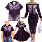 New Zealand Ta Moko Family Matching Off The Shoulder Long Sleeve Dress and Hawaiian Shirt Aotearoa Maori Chest Tattoo Purple