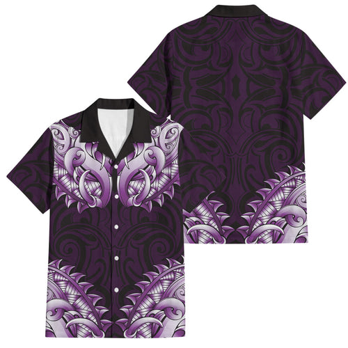 New Zealand Ta Moko Family Matching Off Shoulder Maxi Dress and Hawaiian Shirt Aotearoa Maori Chest Tattoo Purple