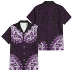 New Zealand Ta Moko Family Matching Off Shoulder Short Dress and Hawaiian Shirt Aotearoa Maori Chest Tattoo Purple