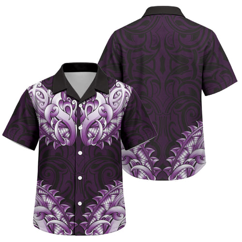 New Zealand Ta Moko Family Matching Off Shoulder Short Dress and Hawaiian Shirt Aotearoa Maori Chest Tattoo Purple
