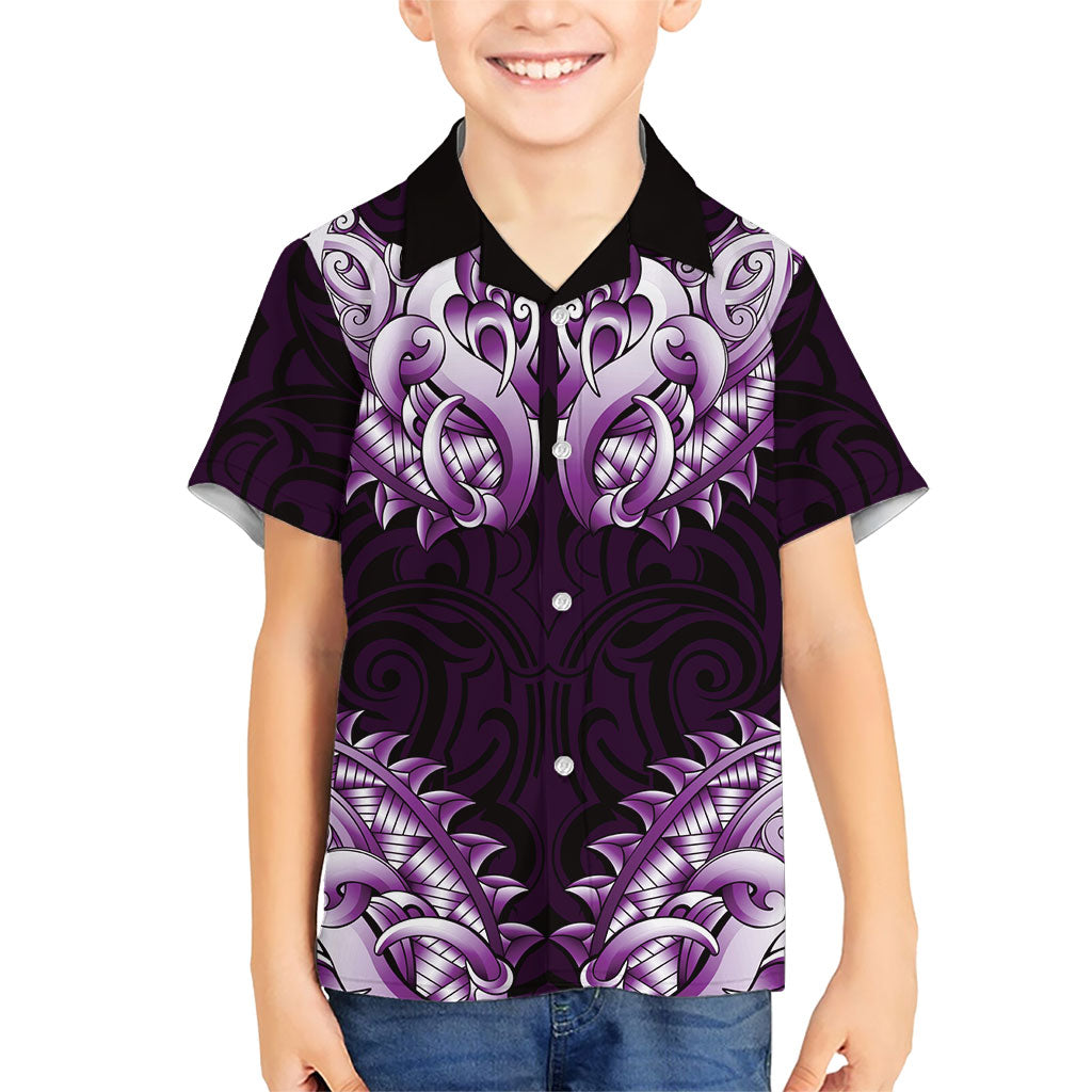 New Zealand Ta Moko Kid Hawaiian Shirt Aotearoa Maori Chest Tattoo Purple