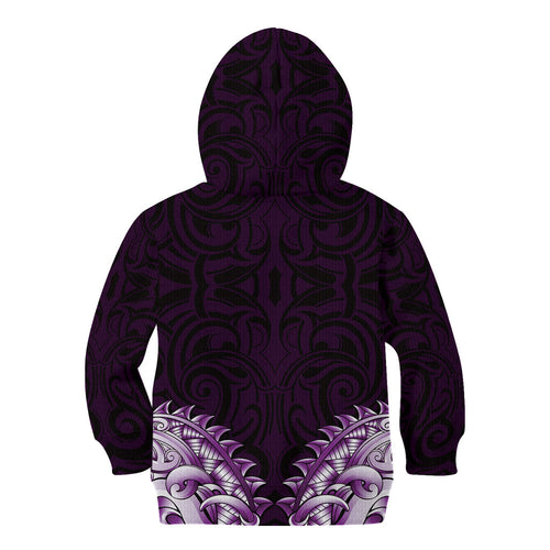 New Zealand Ta Moko Kid Hoodie Aotearoa Maori Chest Tattoo Purple