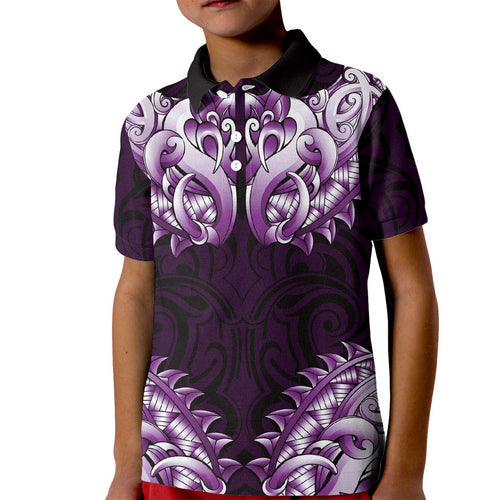 New Zealand Ta Moko Kid Polo Shirt Aotearoa Maori Chest Tattoo Purple