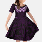 New Zealand Ta Moko Kid Short Sleeve Dress Aotearoa Maori Chest Tattoo Purple