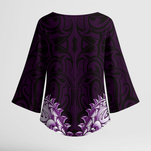 New Zealand Ta Moko Kimono Sleeve Blouse Aotearoa Maori Chest Tattoo Purple