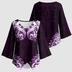 New Zealand Ta Moko Kimono Sleeve Blouse Aotearoa Maori Chest Tattoo Purple