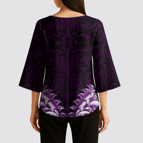 New Zealand Ta Moko Kimono Sleeve Blouse Aotearoa Maori Chest Tattoo Purple