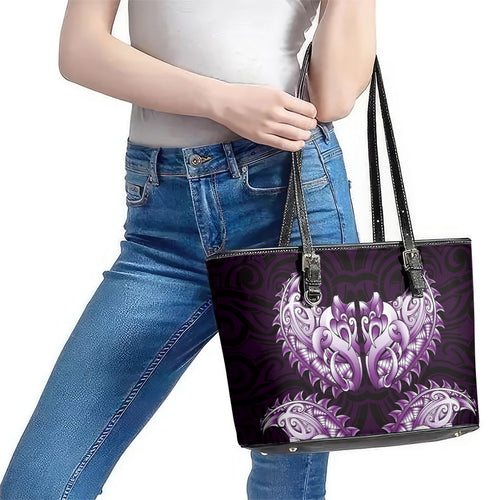 New Zealand Ta Moko Leather Tote Bag Aotearoa Maori Chest Tattoo Purple