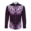 New Zealand Ta Moko Long Sleeve Button Shirt Aotearoa Maori Chest Tattoo Purple