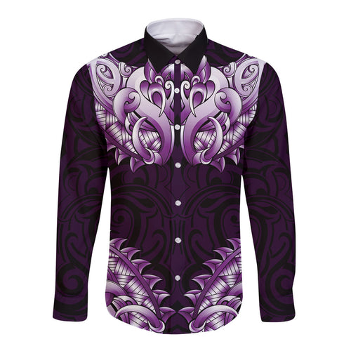 New Zealand Ta Moko Long Sleeve Button Shirt Aotearoa Maori Chest Tattoo Purple