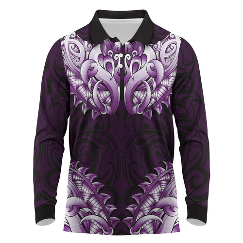 New Zealand Ta Moko Long Sleeve Polo Shirt Aotearoa Maori Chest Tattoo Purple