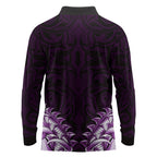 New Zealand Ta Moko Long Sleeve Polo Shirt Aotearoa Maori Chest Tattoo Purple