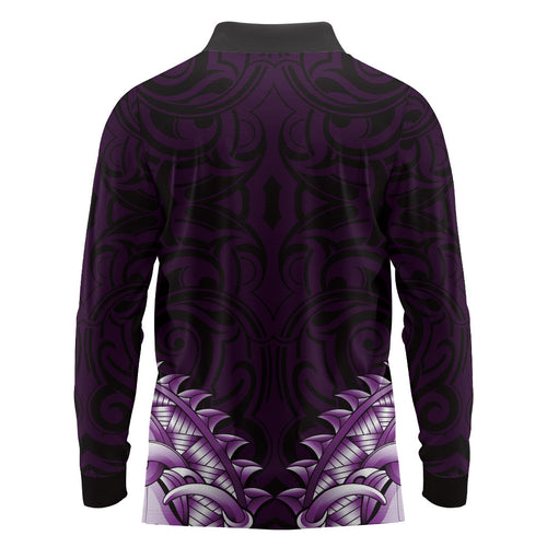 New Zealand Ta Moko Long Sleeve Polo Shirt Aotearoa Maori Chest Tattoo Purple