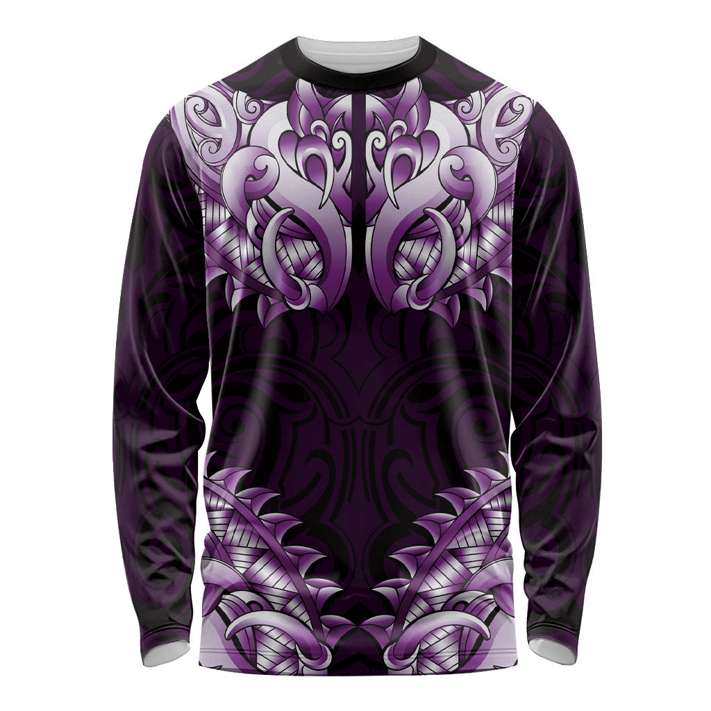New Zealand Ta Moko Long Sleeve Shirt Aotearoa Maori Chest Tattoo Purple
