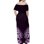 New Zealand Ta Moko Off Shoulder Maxi Dress Aotearoa Maori Chest Tattoo Purple