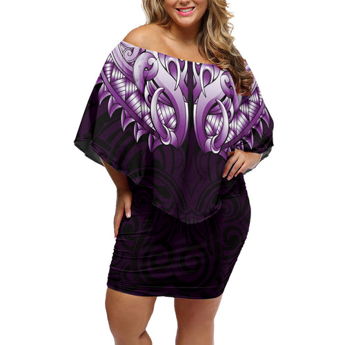 New Zealand Ta Moko Off Shoulder Short Dress Aotearoa Maori Chest Tattoo Purple