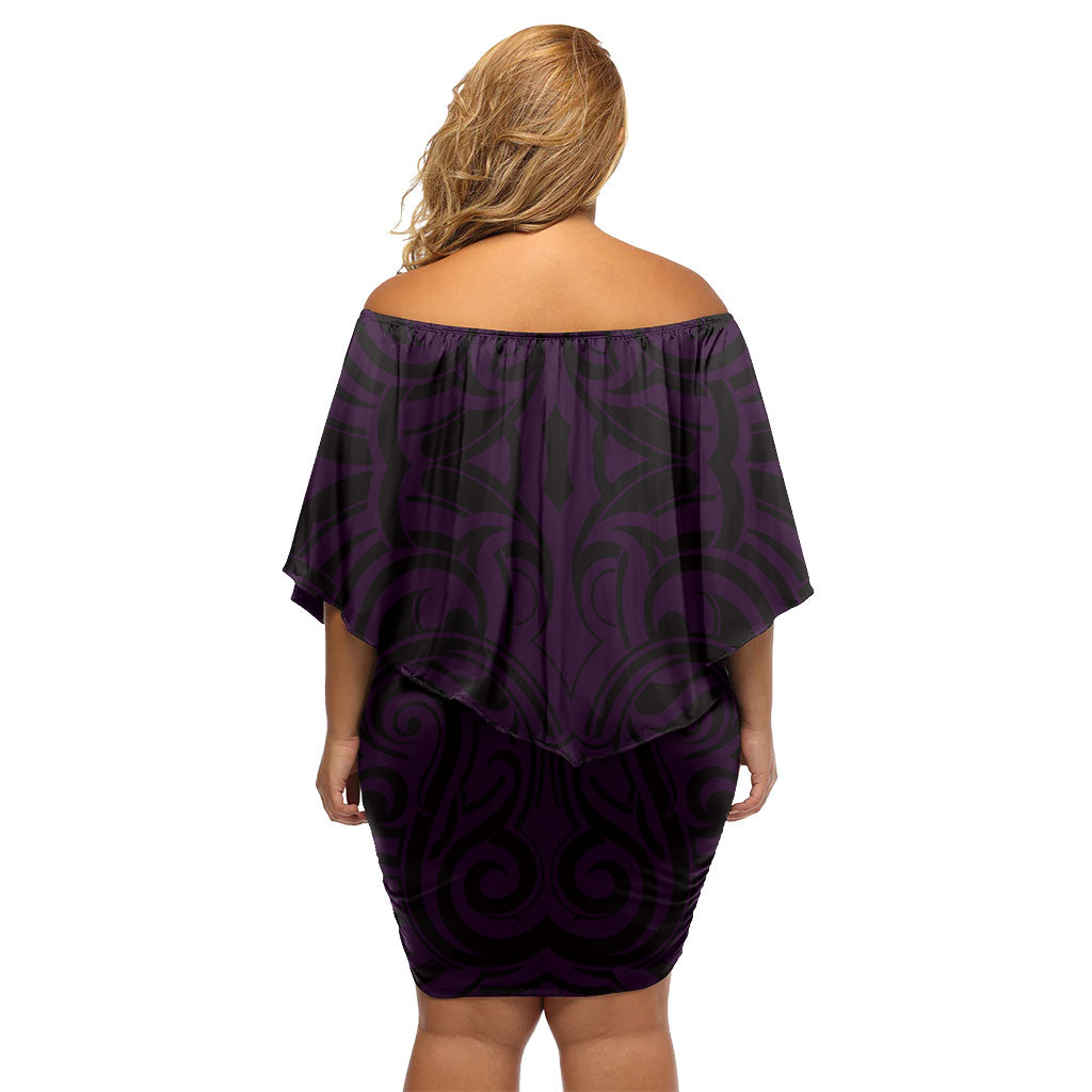 New Zealand Ta Moko Off Shoulder Short Dress Aotearoa Maori Chest Tattoo Purple