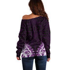 New Zealand Ta Moko Off Shoulder Sweater Aotearoa Maori Chest Tattoo Purple