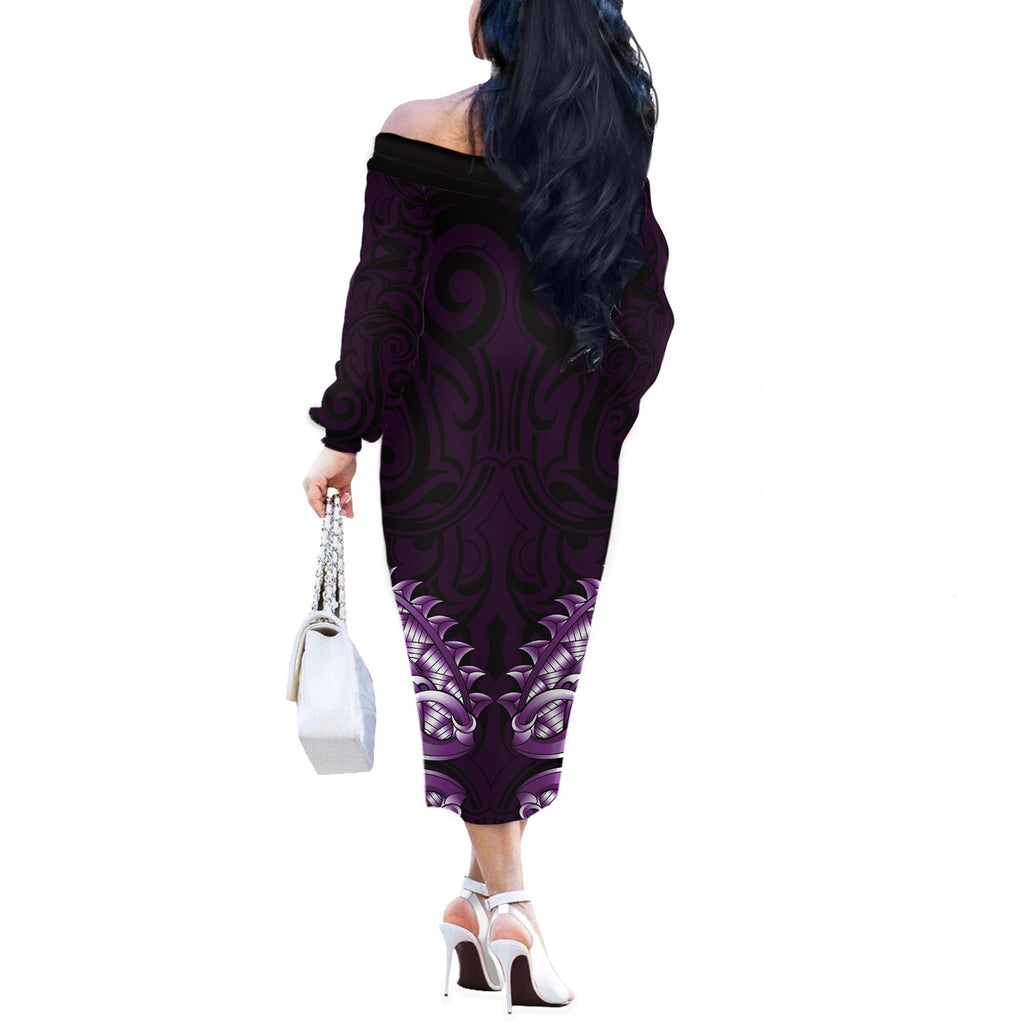 New Zealand Ta Moko Off The Shoulder Long Sleeve Dress Aotearoa Maori Chest Tattoo Purple