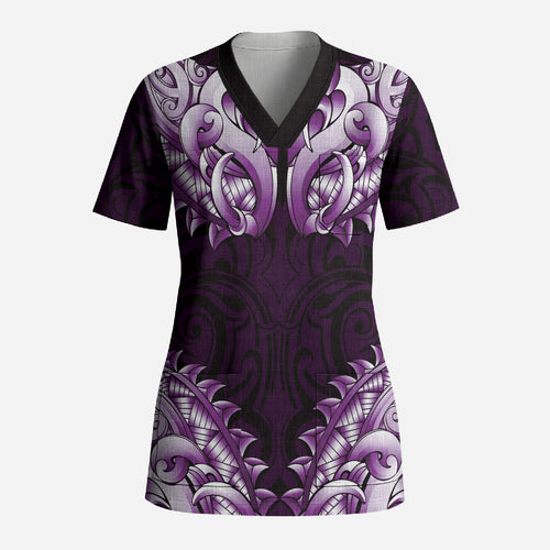 New Zealand Ta Moko Scrub Top Aotearoa Maori Chest Tattoo Purple