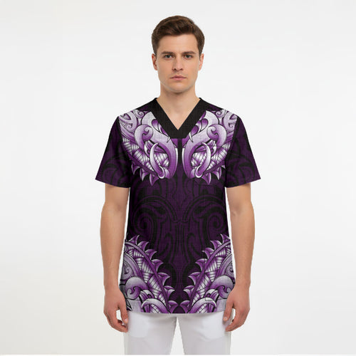 New Zealand Ta Moko Scrub Top Aotearoa Maori Chest Tattoo Purple