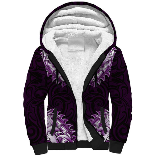 New Zealand Ta Moko Sherpa Hoodie Aotearoa Maori Chest Tattoo Purple