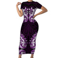 New Zealand Ta Moko Short Sleeve Bodycon Dress Aotearoa Maori Chest Tattoo Purple