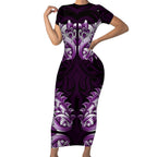 New Zealand Ta Moko Short Sleeve Bodycon Dress Aotearoa Maori Chest Tattoo Purple