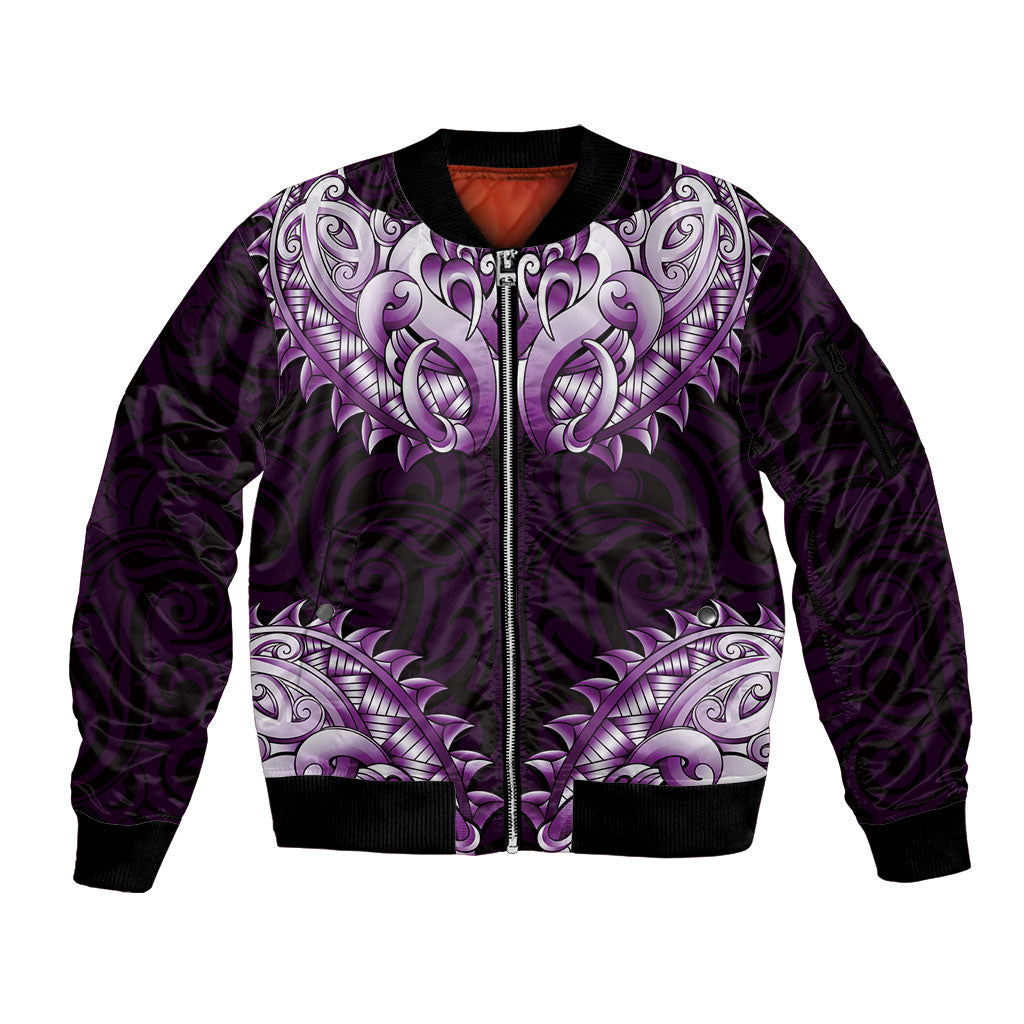 New Zealand Ta Moko Sleeve Zip Bomber Jacket Aotearoa Maori Chest Tattoo Purple