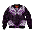 New Zealand Ta Moko Sleeve Zip Bomber Jacket Aotearoa Maori Chest Tattoo Purple