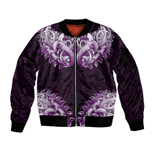 New Zealand Ta Moko Sleeve Zip Bomber Jacket Aotearoa Maori Chest Tattoo Purple