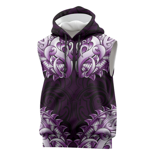 New Zealand Ta Moko Sleeveless Hoodie Aotearoa Maori Chest Tattoo Purple