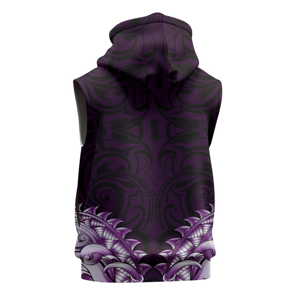 New Zealand Ta Moko Sleeveless Hoodie Aotearoa Maori Chest Tattoo Purple