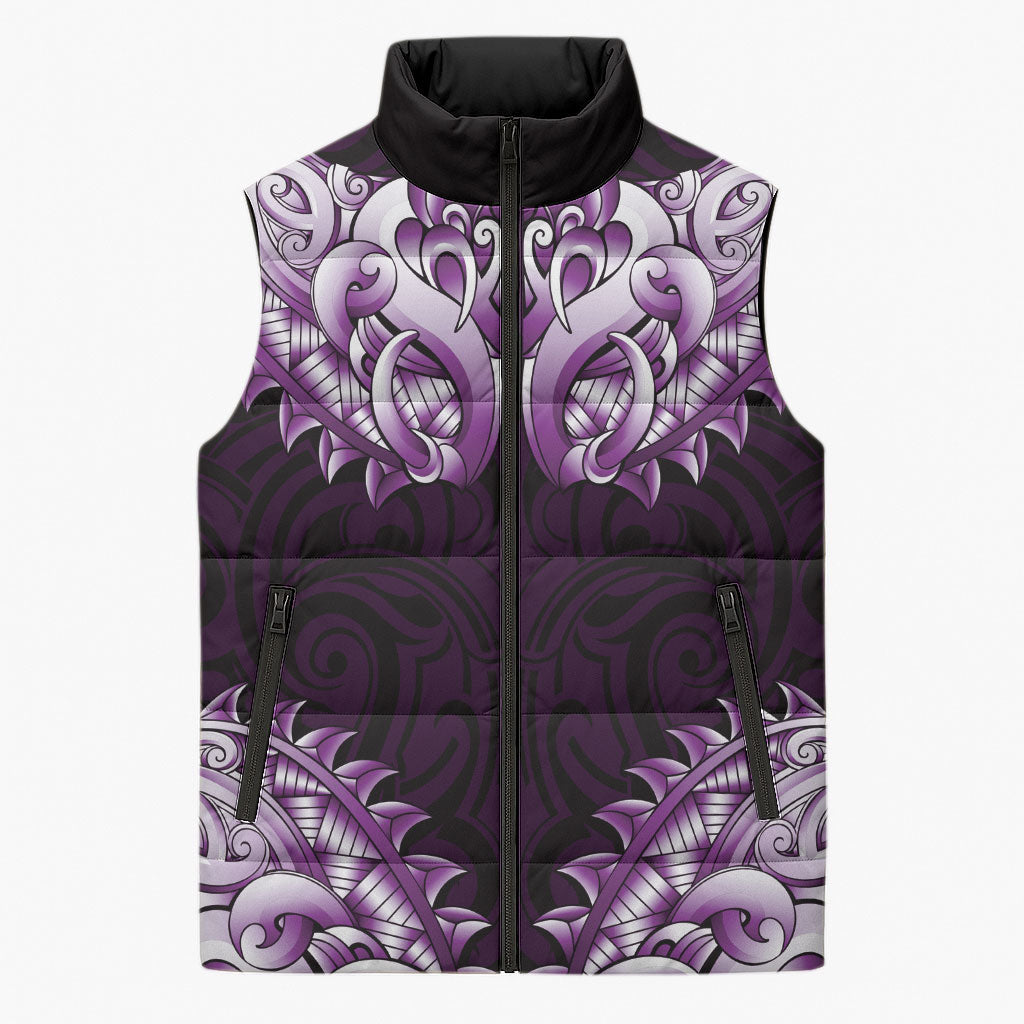 New Zealand Ta Moko Sleeveless Puffer Jacket Aotearoa Maori Chest Tattoo Purple