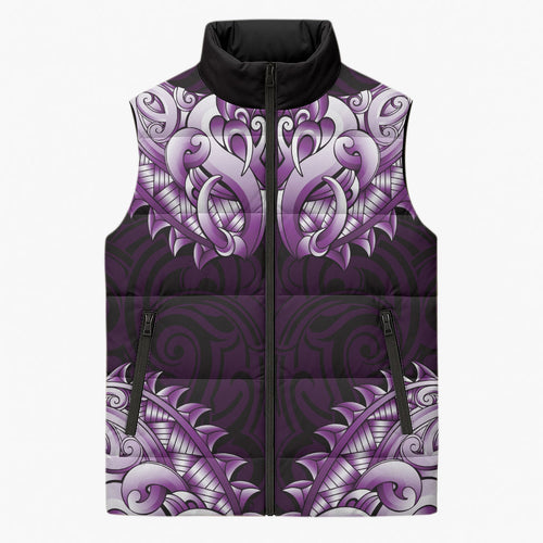 New Zealand Ta Moko Sleeveless Puffer Jacket Aotearoa Maori Chest Tattoo Purple