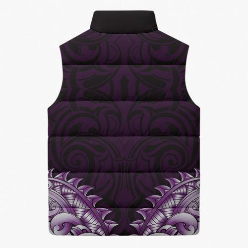 New Zealand Ta Moko Sleeveless Puffer Jacket Aotearoa Maori Chest Tattoo Purple