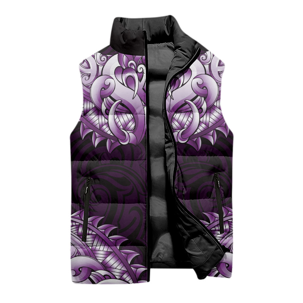 New Zealand Ta Moko Sleeveless Puffer Jacket Aotearoa Maori Chest Tattoo Purple
