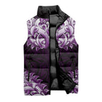New Zealand Ta Moko Sleeveless Puffer Jacket Aotearoa Maori Chest Tattoo Purple