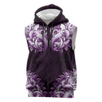 New Zealand Ta Moko Sleeveless Zip Hoodie Aotearoa Maori Chest Tattoo Purple