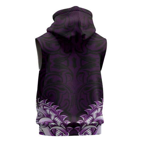 New Zealand Ta Moko Sleeveless Zip Hoodie Aotearoa Maori Chest Tattoo Purple