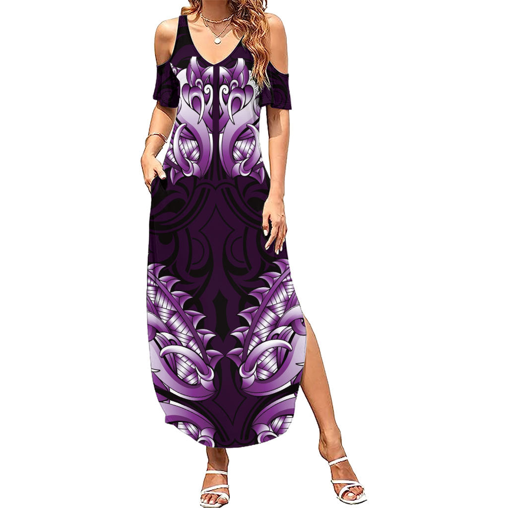 New Zealand Ta Moko Summer Maxi Dress Aotearoa Maori Chest Tattoo Purple