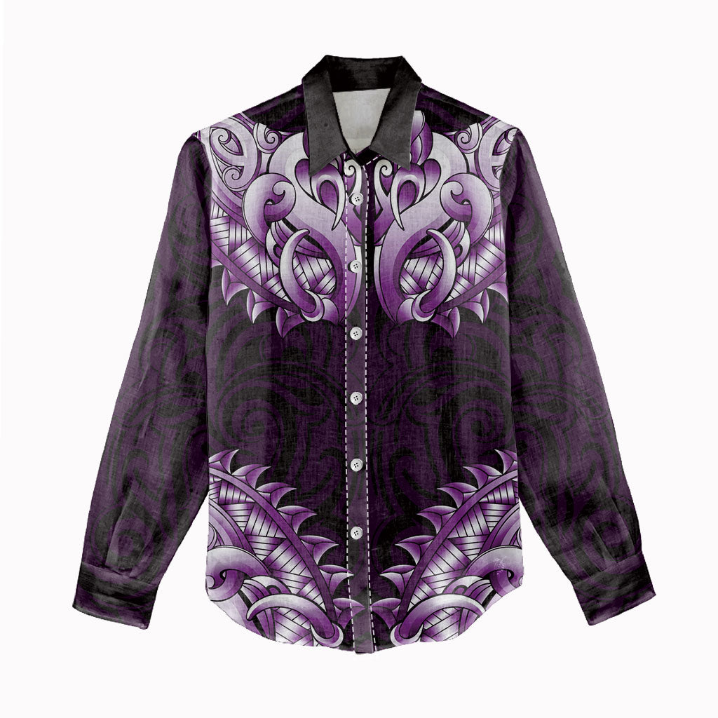 New Zealand Ta Moko Women Casual Shirt Aotearoa Maori Chest Tattoo Purple