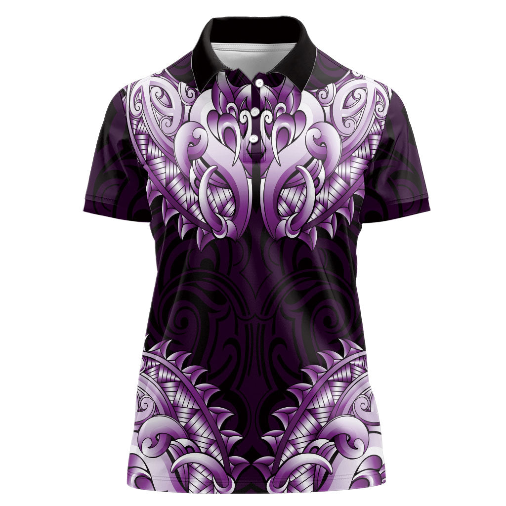 New Zealand Ta Moko Women Polo Shirt Aotearoa Maori Chest Tattoo Purple