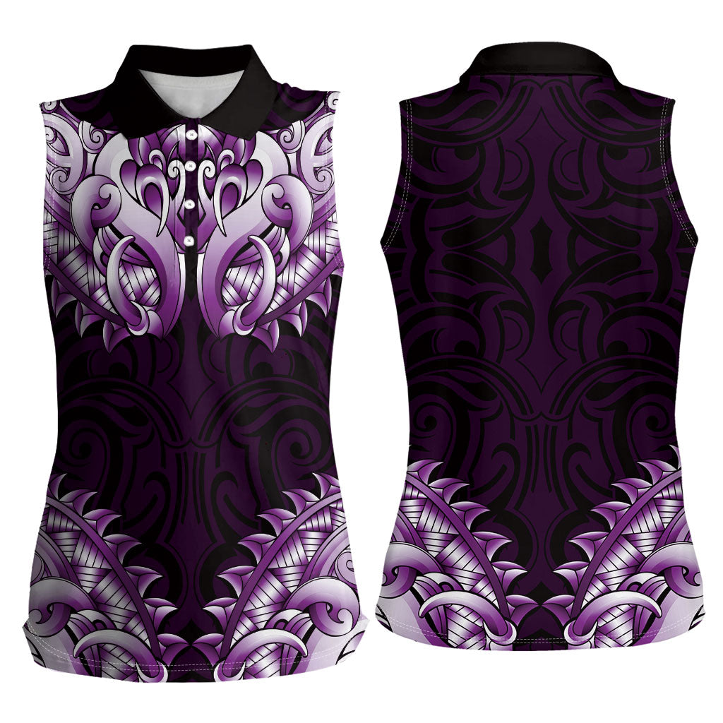 New Zealand Ta Moko Women Sleeveless Polo Shirt Aotearoa Maori Chest Tattoo Purple