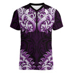 New Zealand Ta Moko Women V-Neck T-Shirt Aotearoa Maori Chest Tattoo Purple